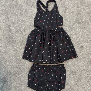 Little People Rocx black with multicolored hearts pinafore dress, bloomers